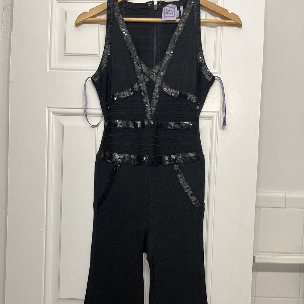 NWT $1,990 Herve Leger Women's Regula Black Sequin Bandage Jumpsuit Size XS